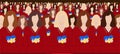 Ukrainian women crowd / wall in red dress es holding hearts in blue yellow flag colors. Copy space for text. Love Ukraine concept