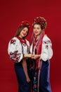 Ukrainian women in traditional ethnic clothing and floral red wreath on viva magenta studio background. National embroidered dress Royalty Free Stock Photo