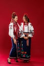 Ukrainian women in traditional ethnic clothing and floral red wreath on viva magenta studio background. National embroidered dress Royalty Free Stock Photo