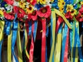 Ukrainian wreath: traditional eastern Slavic ornament. Blue and yellow ribbons, ethnic headdress