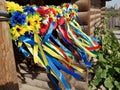 Ukrainian wreath: traditional eastern Slavic ornament. Blue and yellow ribbons, ethnic headdress