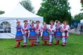 Ukrainian youth people in national costumes take part in the Montreal Ukrainian Festival. Artistic groups of dancers from Ukraine
