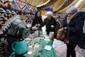 Ukrainians gather at Kazakh gifted heating point set up inside a yurt in Lviv, Ukraine Royalty Free Stock Photo