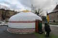 Ukrainians gather at Kazakh gifted heating point set up inside a yurt in Lviv, Ukraine Royalty Free Stock Photo