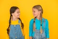 We are ukrainians. Ukrainian kids. Celebrate national holiday. Patriotism concept. Girls with blue and yellow clothes Royalty Free Stock Photo