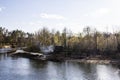 Ukranian landscape in the forest. Pine forest with a river name Psel in city Sumy. Pine trees on a river bank in Ukraine.