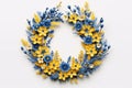 Ukrian Wreath Of Yellow And Blue Flowers On White Background. Generative AI Royalty Free Stock Photo