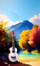 Ukulele against the backdrop of a blue mountain and autumn colors on a sunny clear day