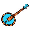 the ukulele or banjo icon is blue. hand-drawn round-shaped doodle-style stringed musical instrument, with an orange Royalty Free Stock Photo