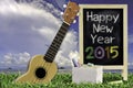 Ukulele with blue sky and Blackboard 2015 text on the grass. Royalty Free Stock Photo