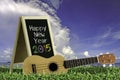 Ukulele with blue sky and Blackboard 2015 text on the grass. Royalty Free Stock Photo