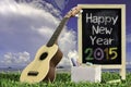 Ukulele with blue sky and Blackboard 2015 text on the grass. Royalty Free Stock Photo