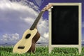 Ukulele with blue sky and Blank Blackboard on green grass. Royalty Free Stock Photo