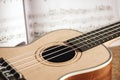 Ukulele chords. Close-up photo of ukulele guitar and music notes against of wooden background. Musical instruments Royalty Free Stock Photo