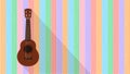 Ukulele cute hanging on a wooden wall pastel colors copy space, small ukelele color wood wall for banner, realistic ukelele for