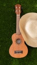 ukulele guitar on green grass with straw beach hat Royalty Free Stock Photo