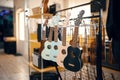 Ukulele guitars on showcase in music store Royalty Free Stock Photo