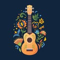 Ukulele Hawaiian four-string soprano guitar. Mexican or Slavic folk flowers. Cartoon style. Small guitar, string music