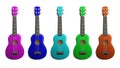Ukulele realistic vector illustration. Set of acoustic classic hawaiian guitar with four strings in different colors Royalty Free Stock Photo
