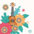 Ukulele and tropical leafs. hand drawn illustration Royalty Free Stock Photo