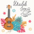 Ukulele and tropical leafs. hand drawn illustration Royalty Free Stock Photo