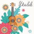 Ukulele and tropical leafs. hand drawn illustration Royalty Free Stock Photo