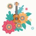 Ukulele and tropical leafs. hand drawn illustration Royalty Free Stock Photo