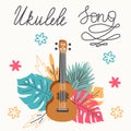 Ukulele and tropical leafs. hand drawn illustration Royalty Free Stock Photo