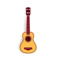 Ukulele vector realistic illustration, yellow small soprano ukulele logo for music shop or web. Hawaiian guitar