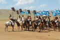 Mongolian horse riders take part in the traditional historical show of Genghis Khan era in Ulaanbaatar, Mongolia. Royalty Free Stock Photo