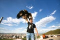 Ulaanbaatar Mongolia July 3 ,2016 - The man catch a Hawk at Zaisan Memorial Royalty Free Stock Photo