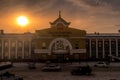 The Ulan-Ude railway station building during the sunset on a cold winter day in the Siberian Republic of Buryatia, Russia.