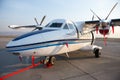 Ulan-Ude, Russia - April 22, 2014: New white Let 410 airplane parked at the airport Baikal