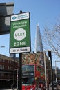 ULEZ, London, UK - April 8 2019: ULEZ Ultra low emission zone charge congestion charge & Ultra Low Emission Zone ULEZ warning