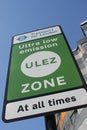 ULEZ, London, UK - April 8 2019: ULEZ Ultra low emission zone charge congestion charge & Ultra Low Emission Zone ULEZ warning