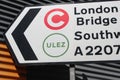 ULEZ, London, UK - April 8 2019: ULEZ Ultra low emission zone charge congestion charge & Ultra Low Emission Zone ULEZ warning