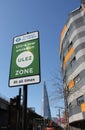 ULEZ, London, UK - April 8 2019: ULEZ Ultra low emission zone charge congestion charge & Ultra Low Emission Zone ULEZ warning