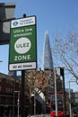 ULEZ, London, UK - April 8 2019: ULEZ Ultra low emission zone charge congestion charge & Ultra Low Emission Zone ULEZ warning