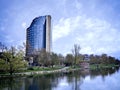 Ulm, Baden-wuerttemberg, Germany - April, 17, 2024: View to the Maritim-Hotel Ulm on the river danube.