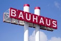 Ulm, Baden-Wuerttemberg, Germany - 01 september 2021: Bauhaus german DIY store logo beneath blue sky.