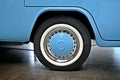 Ulm, Germany - September, 16, 2023: Blue Volkswagen Bully vintage car wheel.