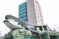 Ulsan,South Korea-April 2018:Close up image of giant whale statue above a counter office at the entrance at Jangsaengpo Whale