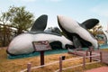 Ulsan,South Korea-April 2018: Giant whale statue jumping out of water at Jangsaengpo Whale Cultural Park