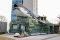 Ulsan,South Korea-April 2018: Huge whale statue above a counter office at the entrance at Jangsaengpo Whale Cultural Park