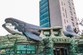 Ulsan,South Korea-April 2018: Huge whale statue above a counter office at Jangsaengpo Whale Cultural Park