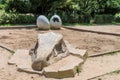 Replica of dinosaur skull and eggs