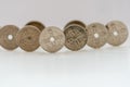 Norwegian Kroner coins standing on a white table Royalty Free Stock Photo