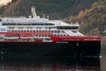 MS Fridtjof Nansen sailing in the fjord. It`s the second of Hurtigruten`s new hybrid powered expedition vessel built at Kleven