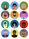 Multicultural society concept, man and woman characters. Flat icons set. Vector illustration