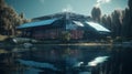 Lakefront Futuristic Building: A Cinematic Masterpiece with Solar Panels and Insane Details